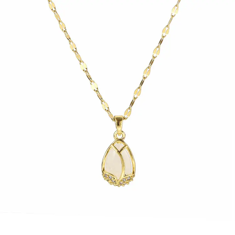 Vente en gros Nouveau collier en acier au titane plaqué or 18 carats avec pierre naturelle et diamant opale Collier fleur de tulipe
