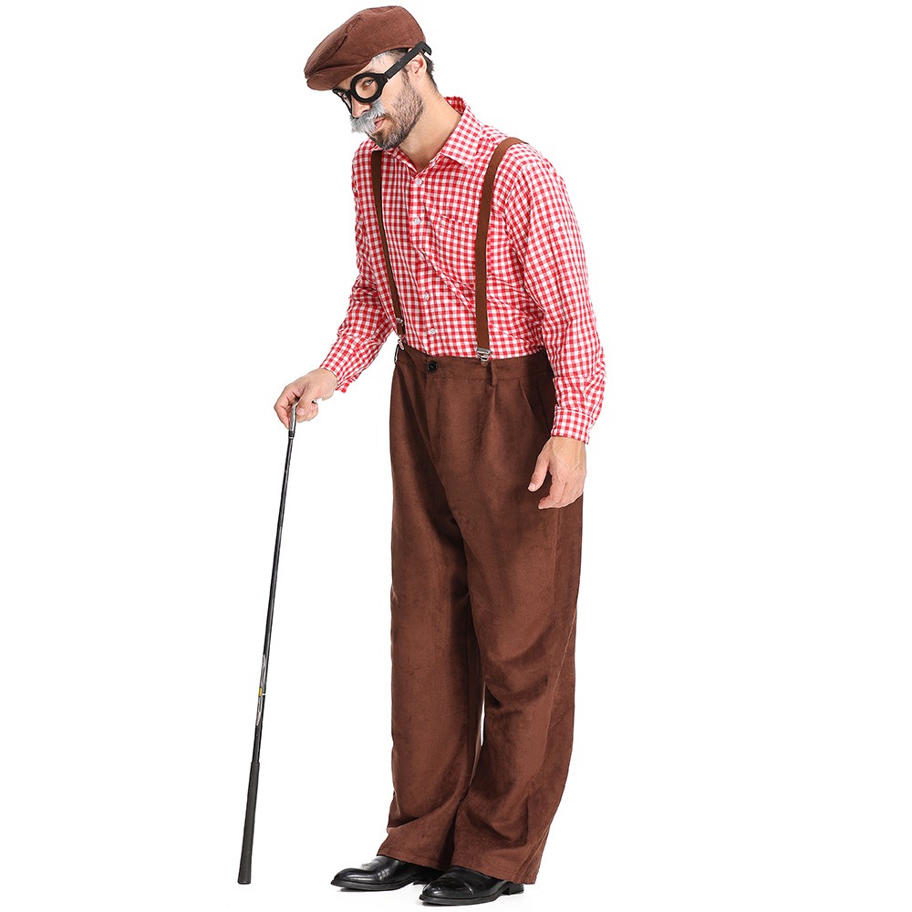 red plaids set(Hat, glasses, beard, shirt, straps, pants)