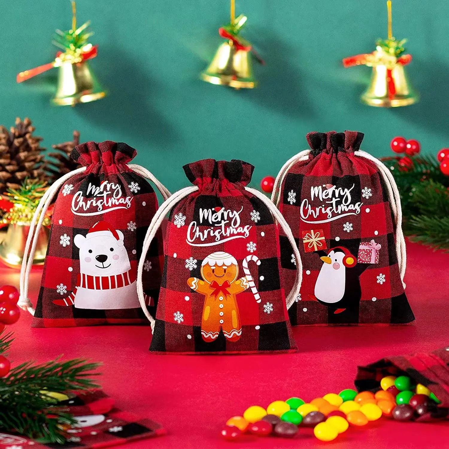 Borsa per caramelle con coulisse natalizia in tela borsa per fiocchi di neve borsa per regali di natale scozzese di bufalo borsa per regali di natale