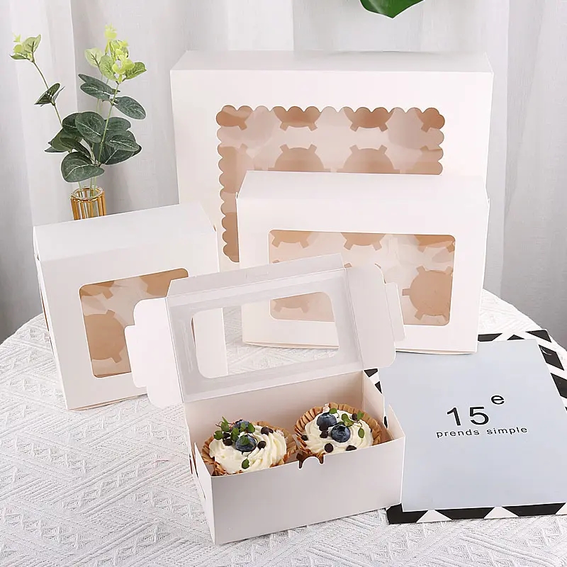Caja de embalaje de Donut para alimentos, logotipo personalizado, papel blanco, postre, panadería, cupcakes, con ventana transparente, bajo pedido mínimo, venta al por mayor