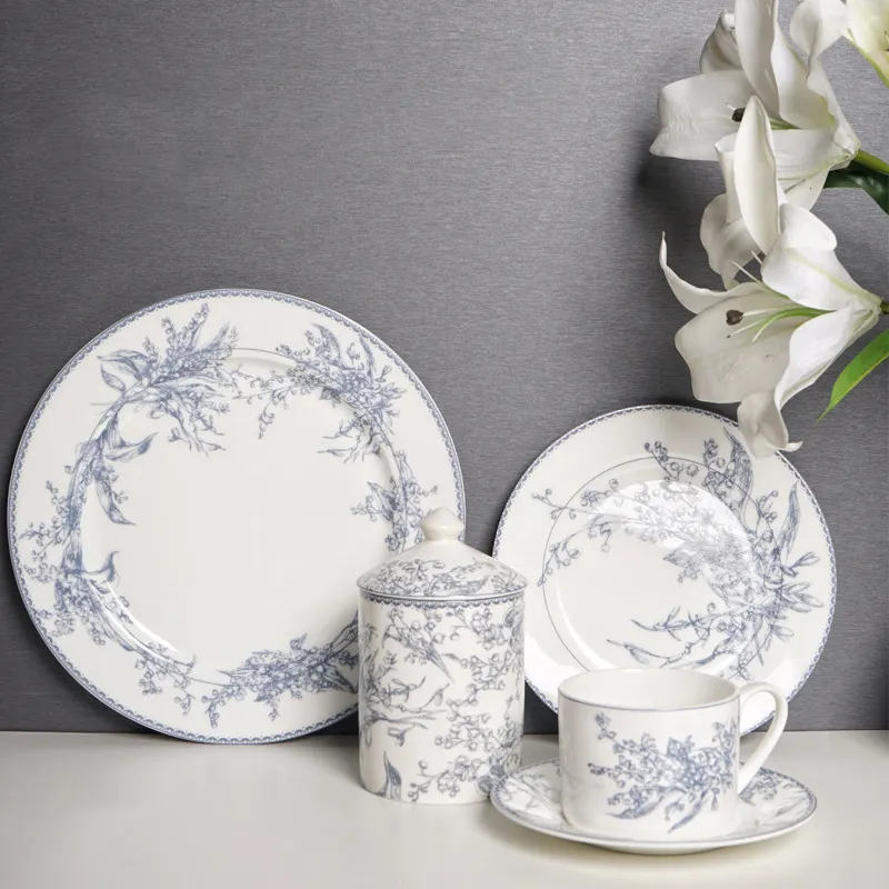 Juego de platos de porcelana de cerámica con diseño de flor azul PARA CENA, juego de platos con taza de té, piedra, hueso, China