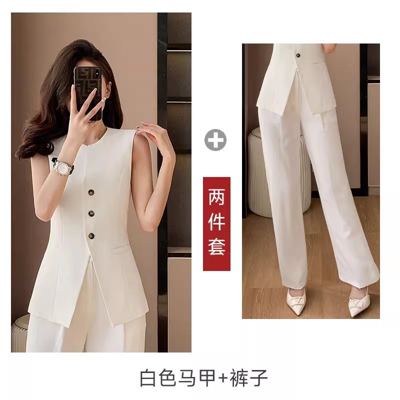 White vest and wide-leg pants