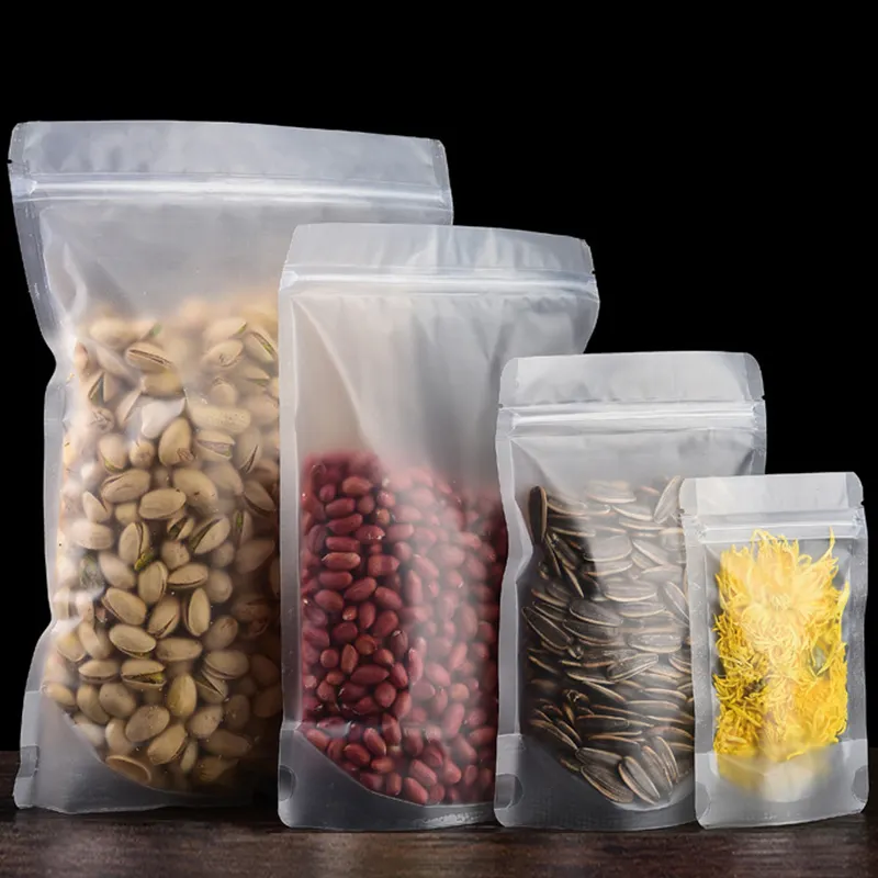 Bolsas de almacenamiento de alimentos translúcidos esmerilados, con cremallera y soporte para cereales resellable, granos, nueces, frutos secos
