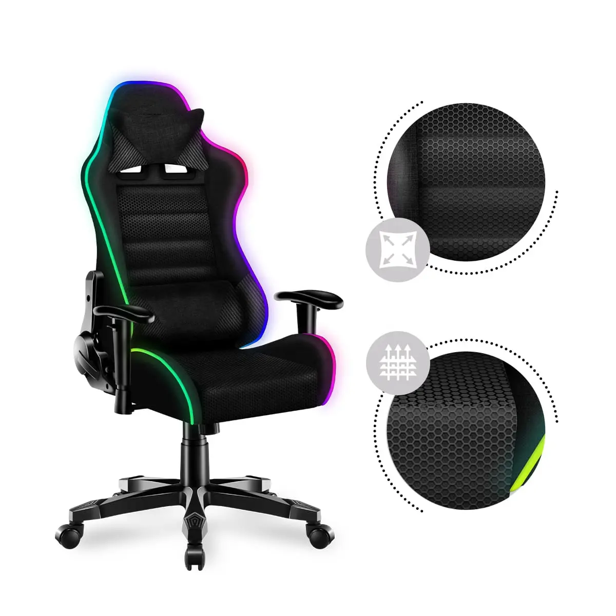 Silla Gamer con luces LED RGB de color negro y tela de malla, silla Gaming con diseño único de carbono, económica, 2D, accesorios personalizados gratis, luces LED RGB