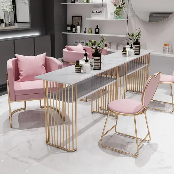 Pas cher salon commercial beauté marbre table rose chaise ensemble manucure salon table à ongles