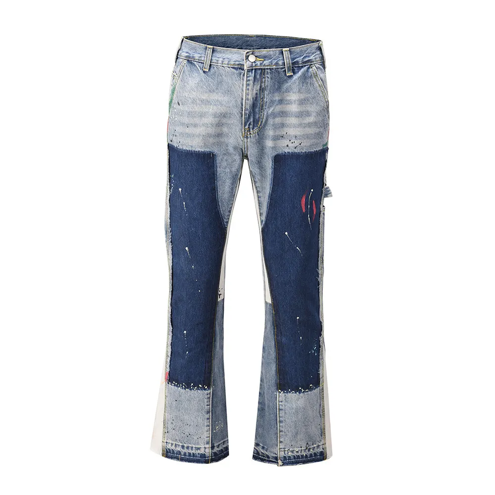 Jeans svasati con inchiostro Splash Distressed Urban Streetwear Patch Jeans svasati Graffiti da uomo pantaloni Hip-Hop in Denim blu lavato Hip-Hop