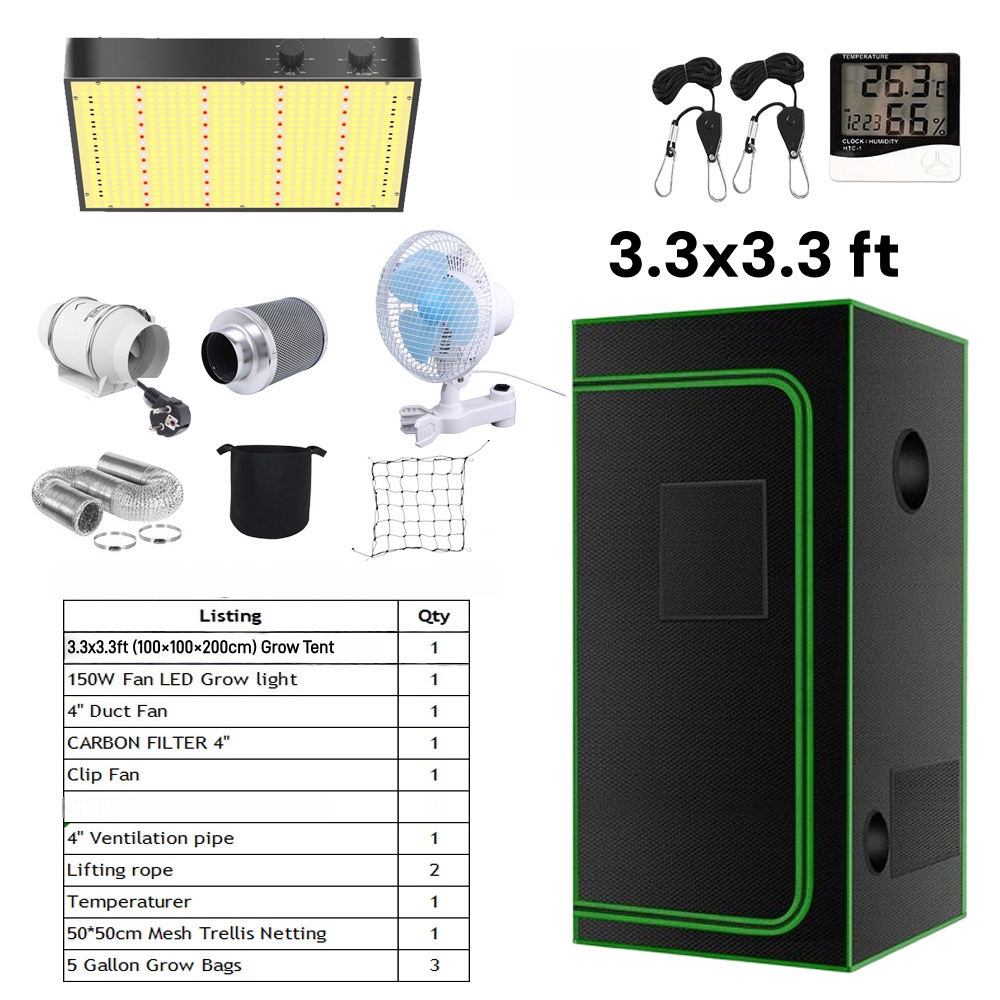 Kit de tente 3,3x3,3 pieds + lampe de culture 150W + conduit