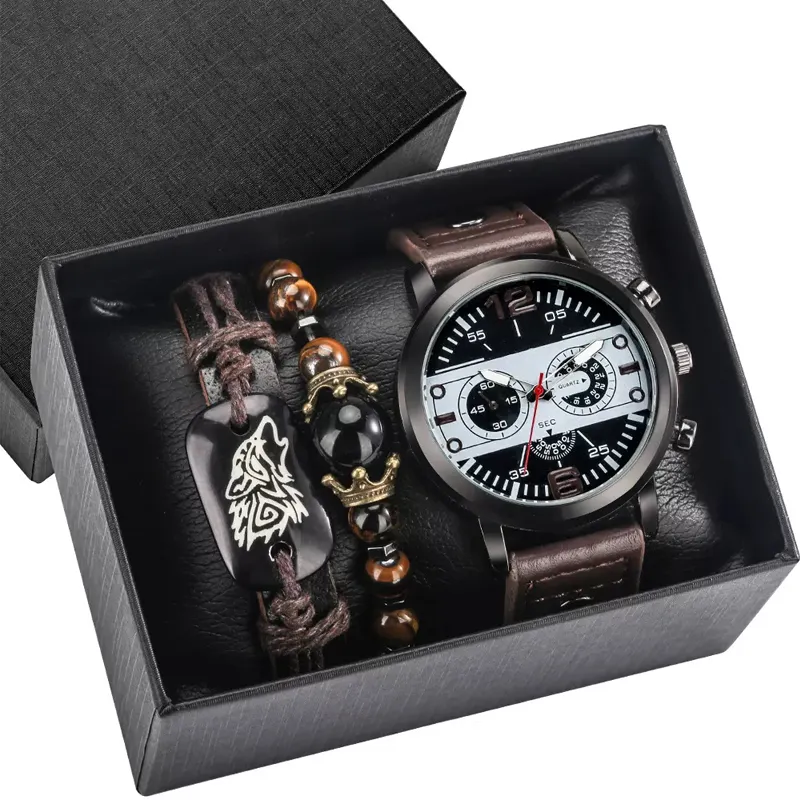 Orologio personalizzato di lusso per uomo bracciale Set orologi da polso al quarzo in pelle nera Business Boy Gift Reloj Hombre