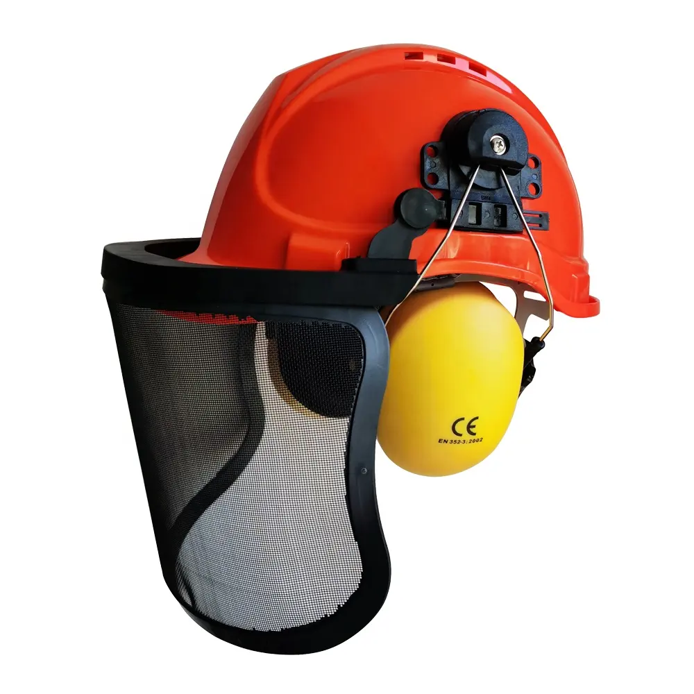 FS3008 Capacete de segurança para madeireiros florestais econômicos, protetores de orelha e protetores de orelha, visor de malha para madeireiros, aprovado pela CE