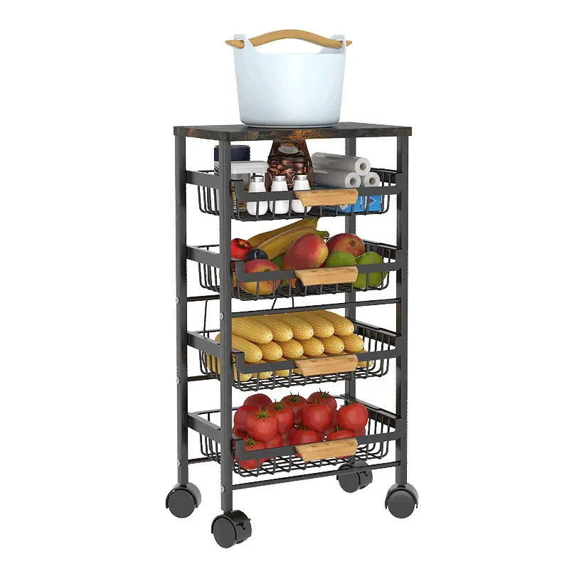 OWNSWING 4-Tier metallo Utility di rotolamento carrello frutta verdura portaoggetti dispensa Rack con parte superiore in legno estraibile cestini per cucina