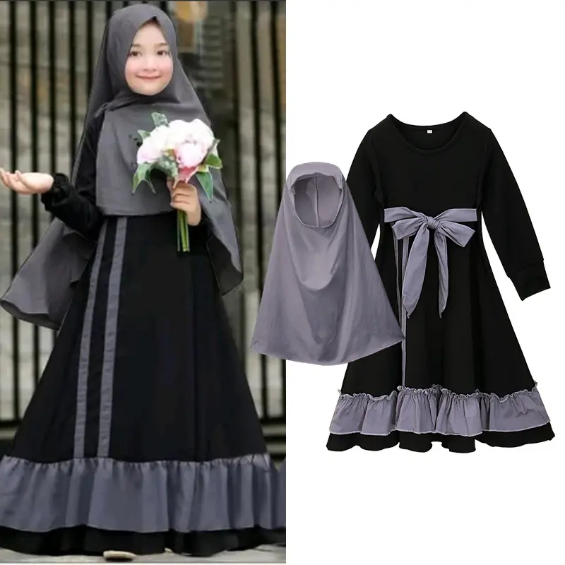 Moyen-Orient enfants musulman élégant bords à volants priez ensemble vêtements Maxi enfants abaya longues robes petite fille porter avec hija