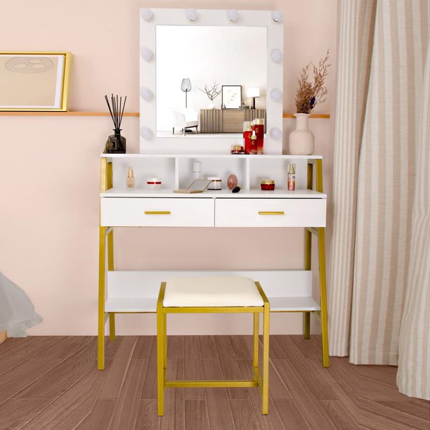Vanity Table with Lighted Mirror, Makeup Vanity Dressing Table with Lights and Drawers Dressing Cabinet Bedroom Furniture