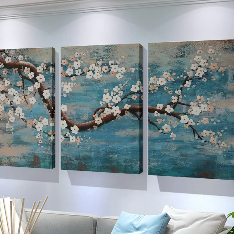 Pittura a olio astratta per la decorazione della parete Immagine di arte del fiore bianco dipinto di tela moderna blu fatto a mano all'ingrosso