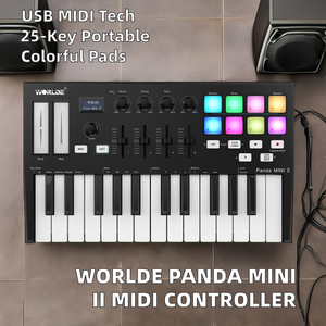 WORLDE Mini II Controlador de teclado MIDI USB portátil de 25 teclas 8 almohadillas retroiluminadas RGB 4 perillas asignables PANDAMINI II (controlador MIDI)