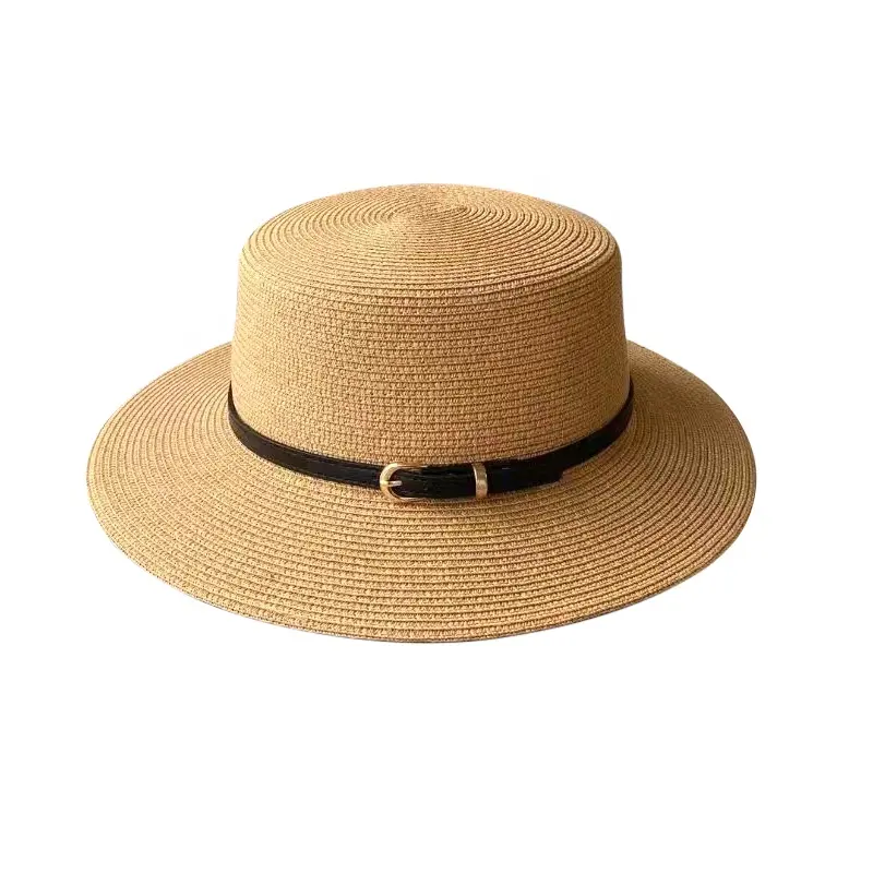 Vente en gros de chapeaux de canotier à large bord et plat pour vacances à la plage d'été pour femmes chapeau Fedora en paille vintage avec ceinture chapeau de soleil Panama UPF50 +