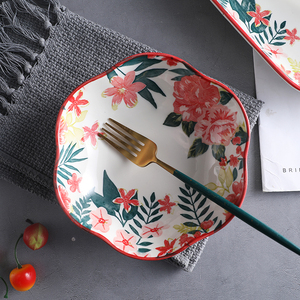 Kırmızı çiçek desen seramik tabaklar yemek takımı yemek takımı yemek takımı seramik çanak çömlek - Product Image 6