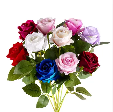 Venda quente de flores artificiais de veludo único rosas coloridas rosas vermelhas brancas flores de haste longa decoração de casamento