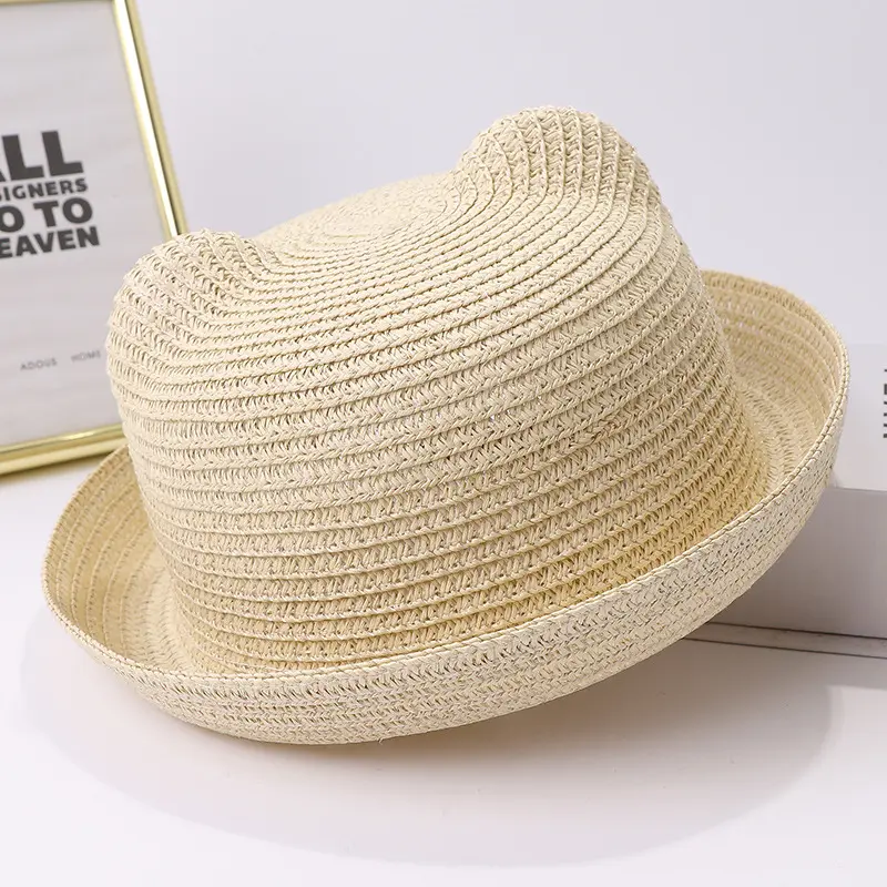 HZM-60860 키즈 안티 UV 밀짚 태양 모자 고양이 귀 여름 모자 소녀 소년 버킷 모자