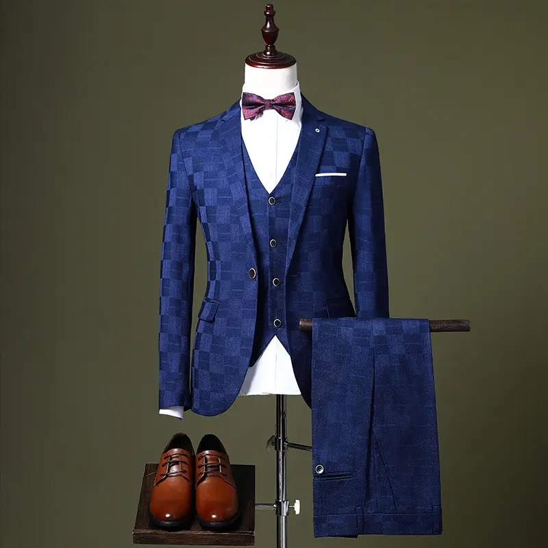 Trajes de boda de Color burdeos para hombre, traje clásico de 3 piezas a cuadros, esmoquin, conjunto de ropa, 2023