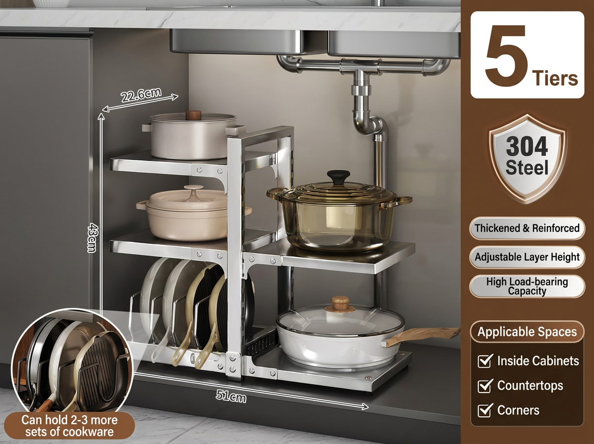 Étagère à casseroles autoportante brillante à 5 niveaux - Acier inoxydable 304