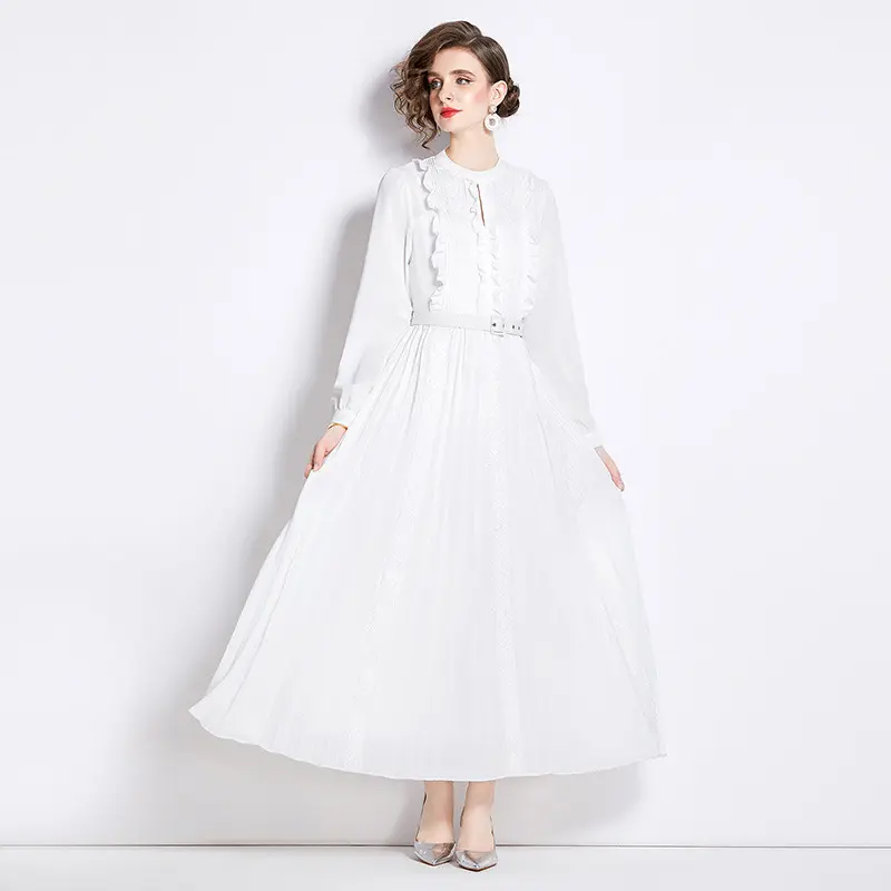 Vestido plissado de bainha grande feminino elegante primavera moda feminina branco renda cor sólida vestido longo casual
