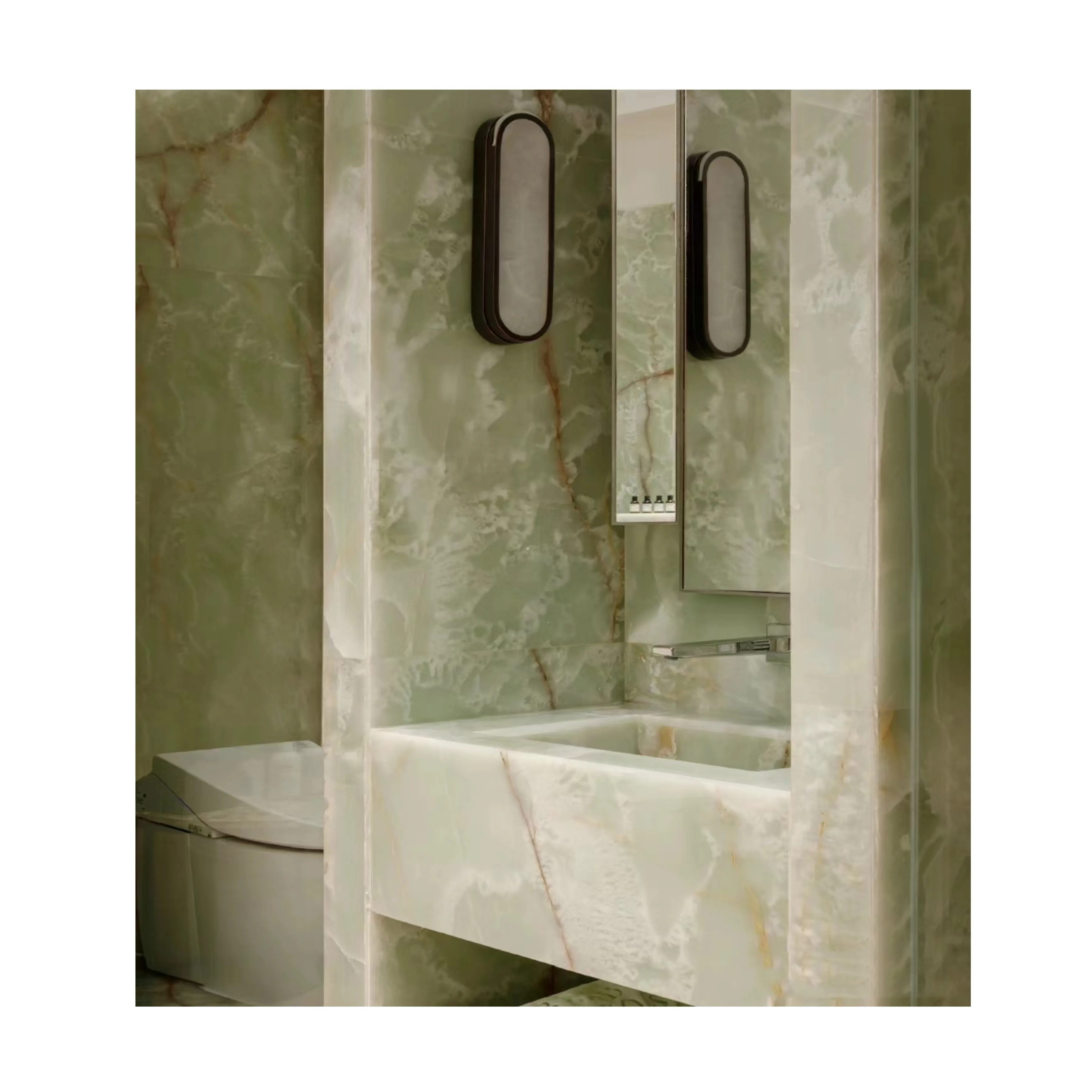 Precio al por mayor Color verde retroiluminado Jade Onyx Mármol para baño Vanity Countertop Panel de pared Onyx Plinth
