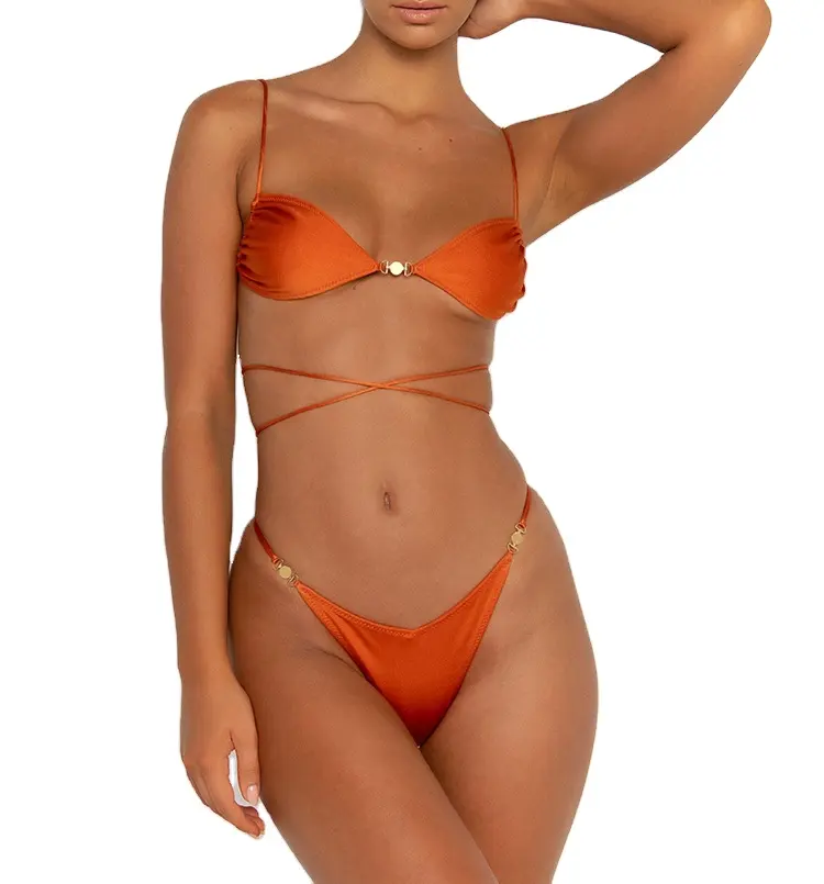 Individuelles Großhandel DAMEN-Badeanzug sexy badeanzug solider Bikini mit Krawatten 2024 Tangas Badeanzüge Strandbekleidung brasilianischer Bikini
