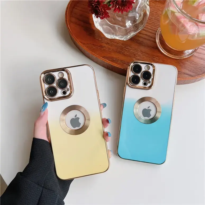 Luxury Plating Gradient Soft Silicone Case For iPhone 14 13 11 12 Pro Max LOGO Hole Hollow Shockproof Cover