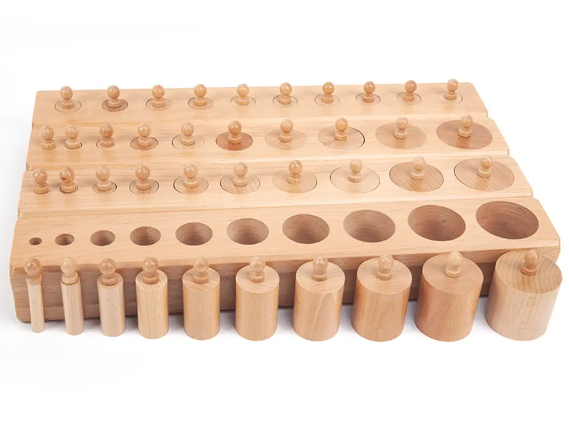 Juego de 4 bloques de cilindro de madera para niños, juegos educativos de enseñanza Montessori