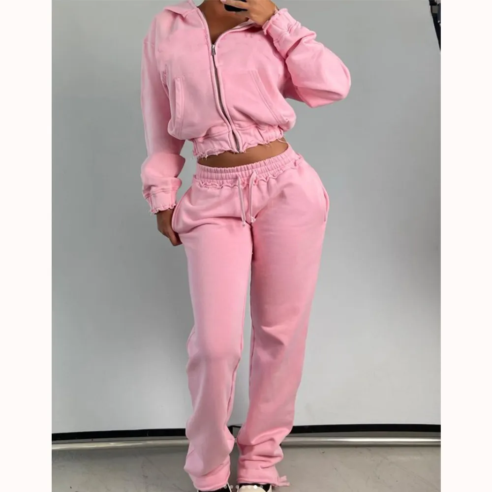 Custom Pink Distressed Zip felpa con cappuccio donna tute allenamento Joggers Set donna due pezzi pantaloni Set tute da donna