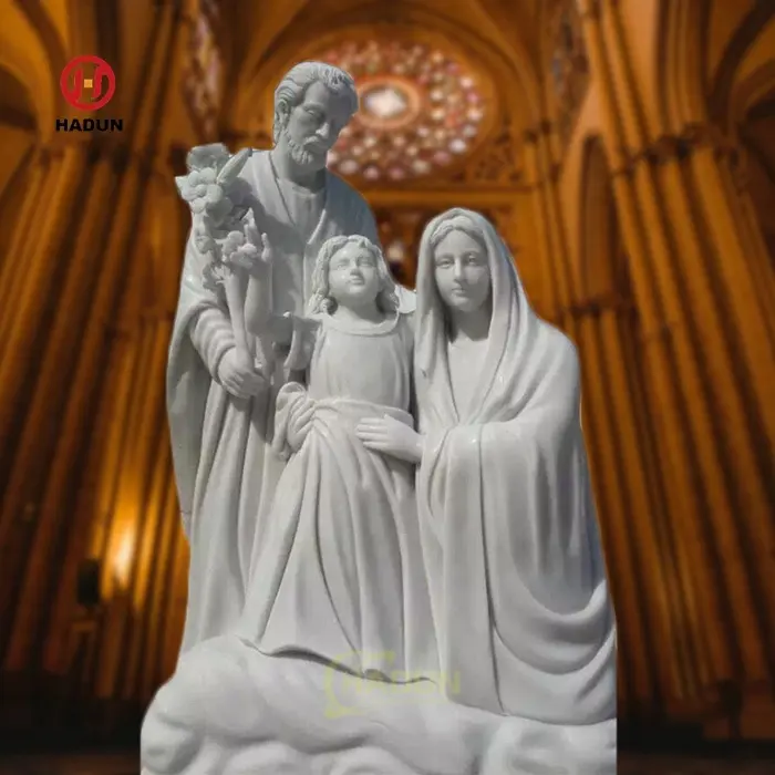 Dini doğal katı beyaz mermer Mary Joseph ve bebek İsa aziz aile heykeli
