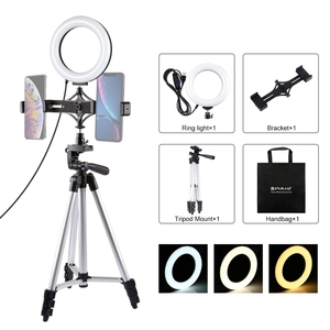 <strong>High</strong> Quality PULUZ Tripod Mount Live Broadcast Dual Phone Bracket 6.2 Inch 16cm LED Ring Vlogging Video <strong>Light</strong> Kits - Product Image 2