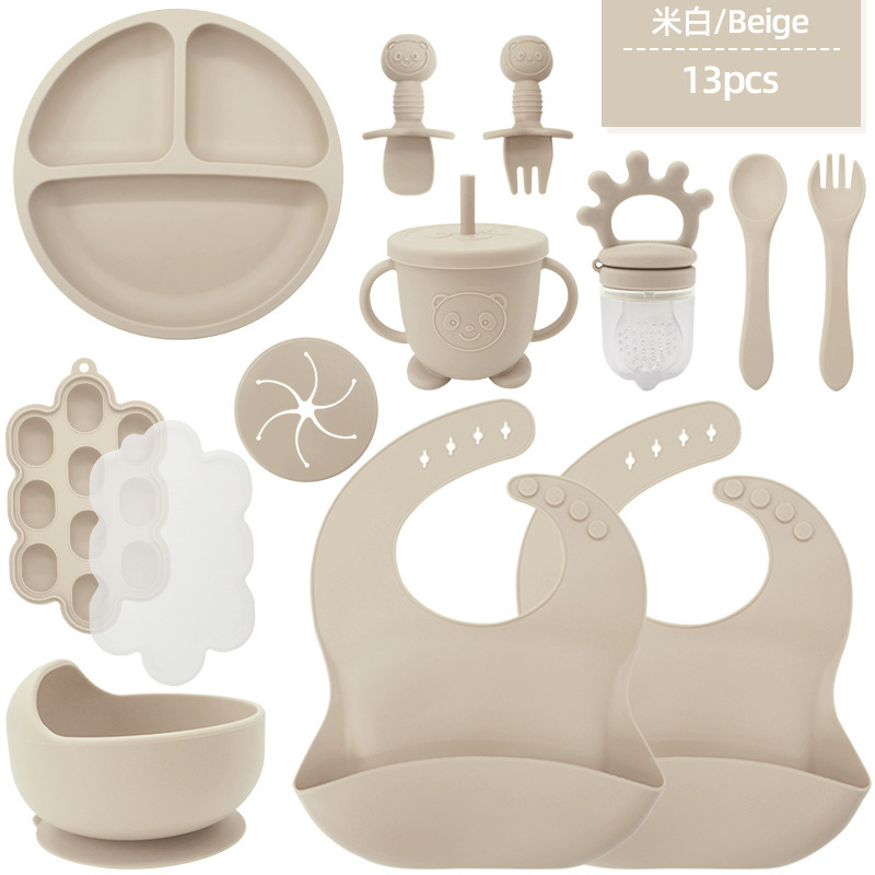 Bavoirs Beige-2 ronds petite ventouse bol ours tasse snack couvercle f