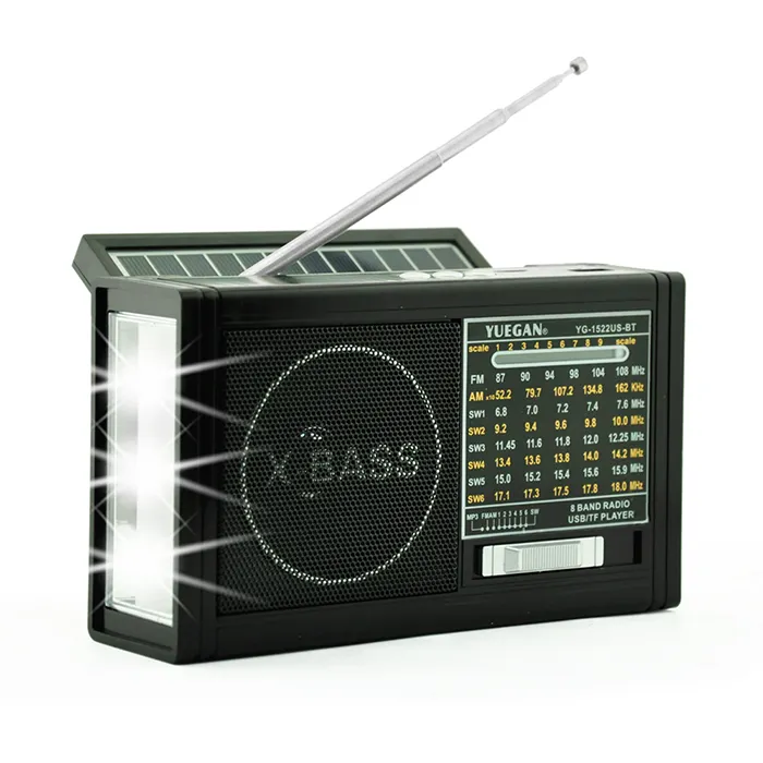 Yg-1522Us-Bt-Mini Radio Fm portátil con cargador de energía Solar, 8 bandas, Usb, tarjeta Tf, Am, Fm, Sw