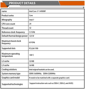 Competitive Price Twenty-four Cores Core I9 3.2GHz 10 Nanometers 36MB 14900KF <strong>CPU</strong> for Desktop - Product Image 5