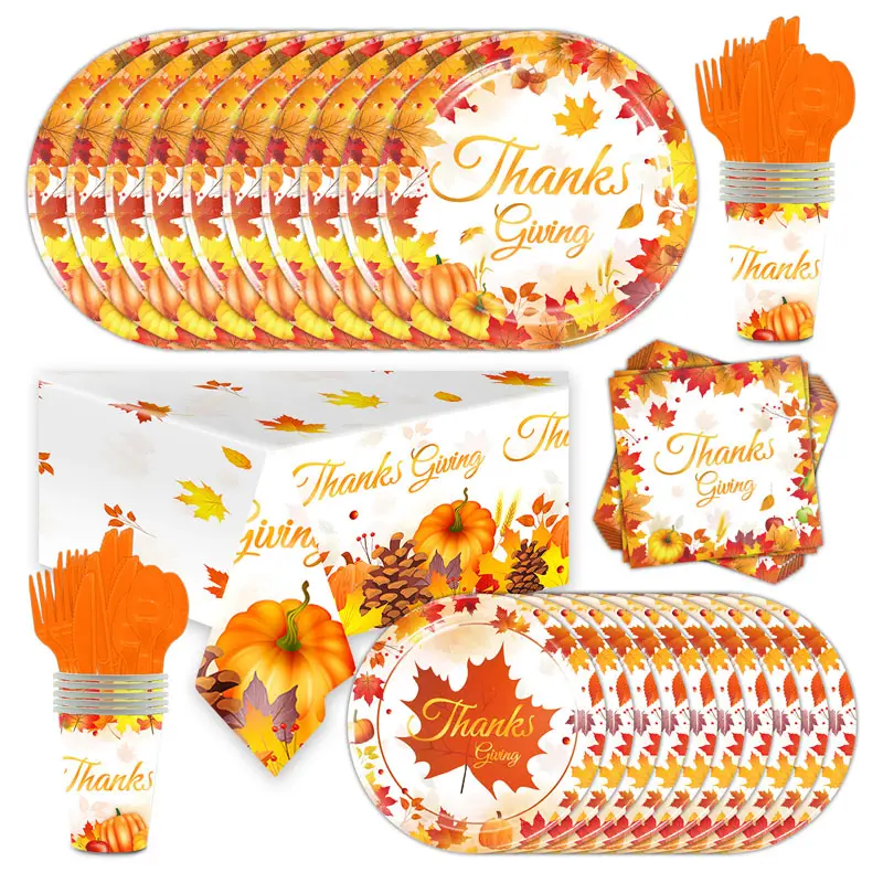 Popolare ringraziamento autunno foglia d'acero tema vassoio carta usa e getta forniture per feste Set di stoviglie