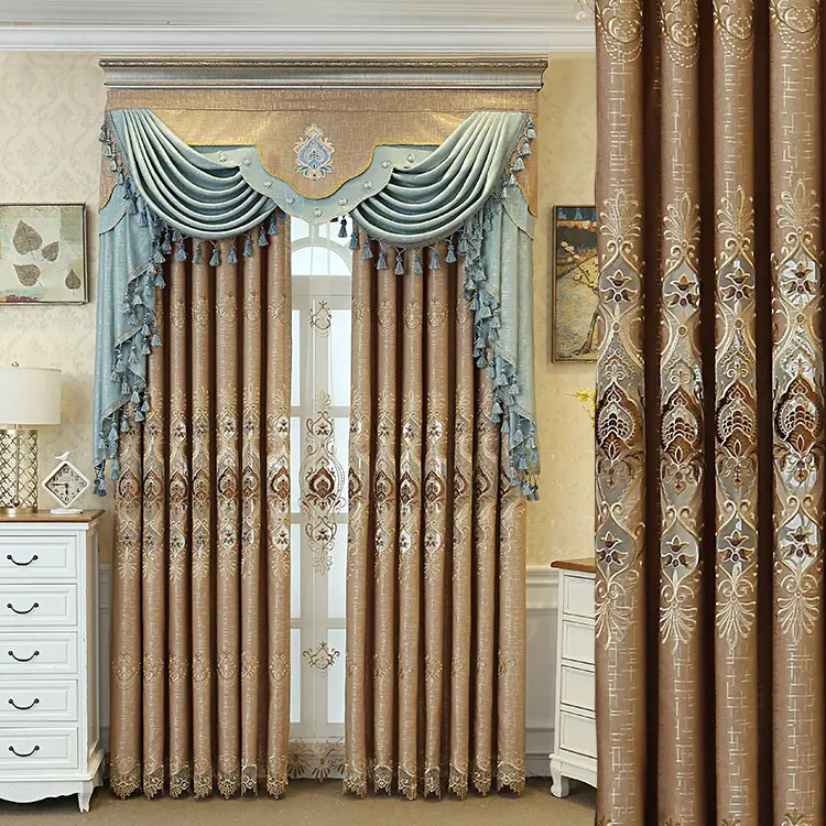 Rideaux de luxe dorés Jacquard de Style Royal, 1 pièce, avec jupe et cordes pour le salon