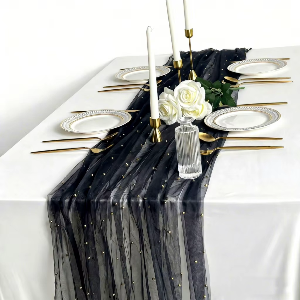 Black yarn + golden pearls