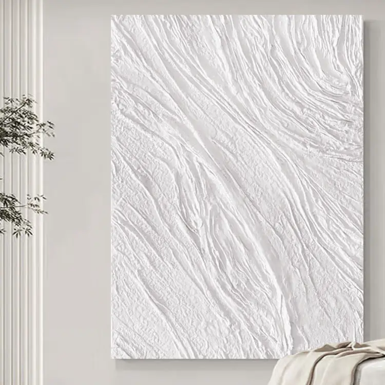 Saf beyaz Minimalist dokulu sıva soyut sanat çağdaş 3D çerçeveli duvar sanatı dekoratif boyama ev dekorasyon için
