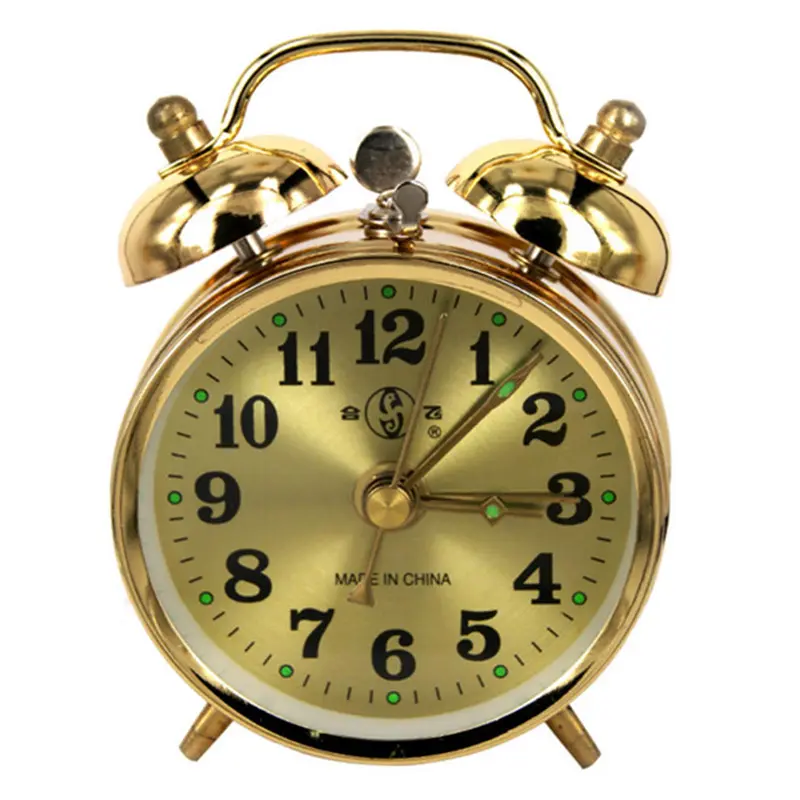 Золотые механические часы-будильник в форме подковы с ручной заводкой, винтажные металлические часы, часы с двумя колокольчиками и проектором с подсветкой, Новинка