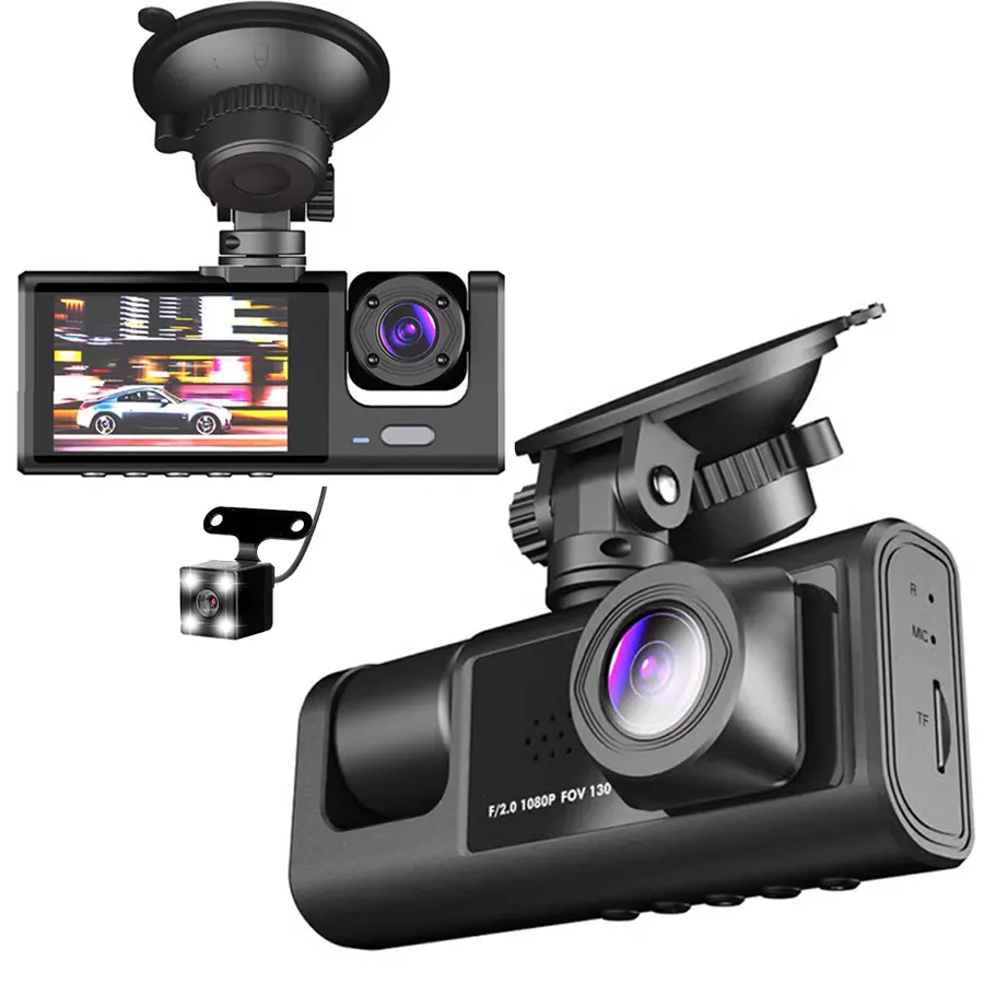 Dashcam full hd DVR Caméra de voiture 1080p Enregistreur de conduite Moniteur de stationnement avant et arrière Véhicule Boîte noire Caméra de bord à 3 objectifs