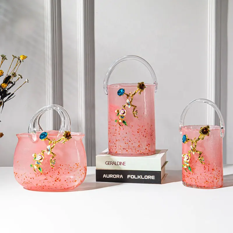 Vas kaca portabel titik gelombang merah muda ruang tamu tas transparan kreatif botol kerajinan warna Enamel