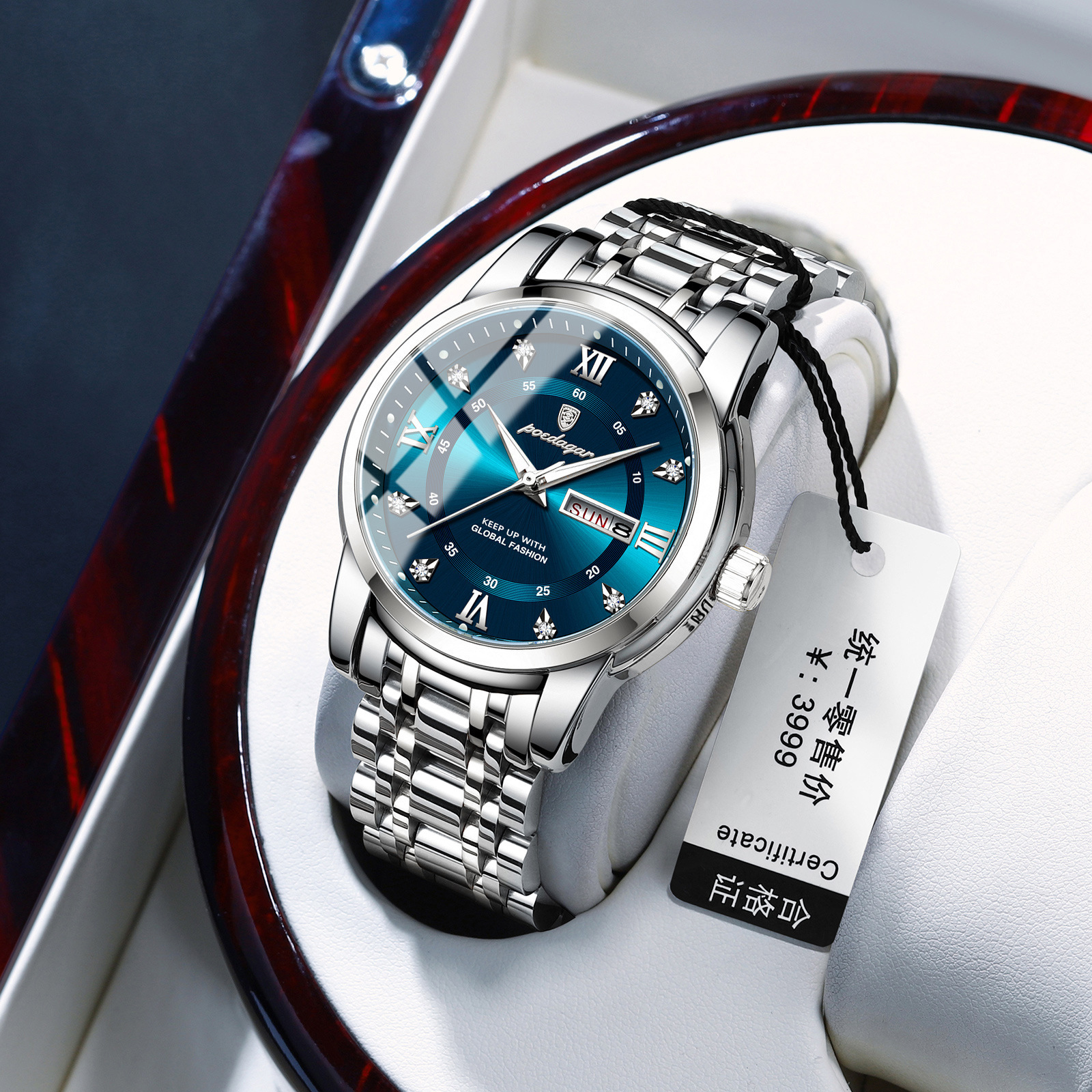 Modèle 936, boîtier en argent, cadran bleu, bracelet en acier