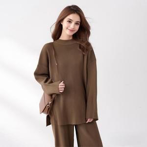 女式毛衣针织秋季时尚2件套针织套装加大码女装休息室冬季马海毛毛衣套装超大