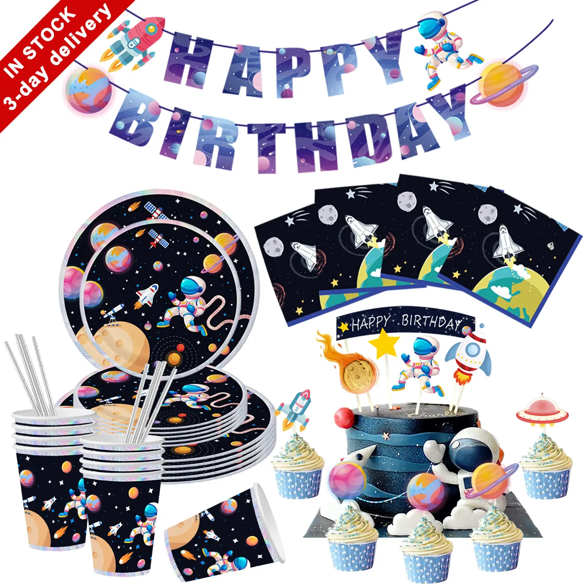 Nicro Space Astronaut Spaceman tema forniture per feste di compleanno per bambini decorazione per feste di compleanno Kit di stoviglie usa e getta