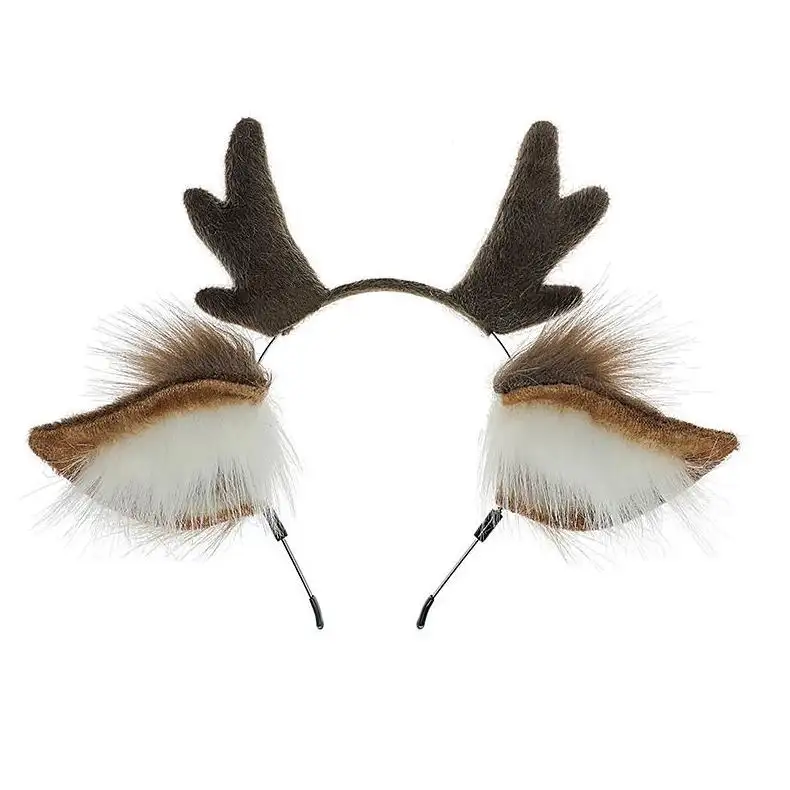 HY 크리스마스 뿔 머리띠 귀여운 봉제 사슴 귀 머리 장식 액세서리 손으로 만든 인공 동물 귀