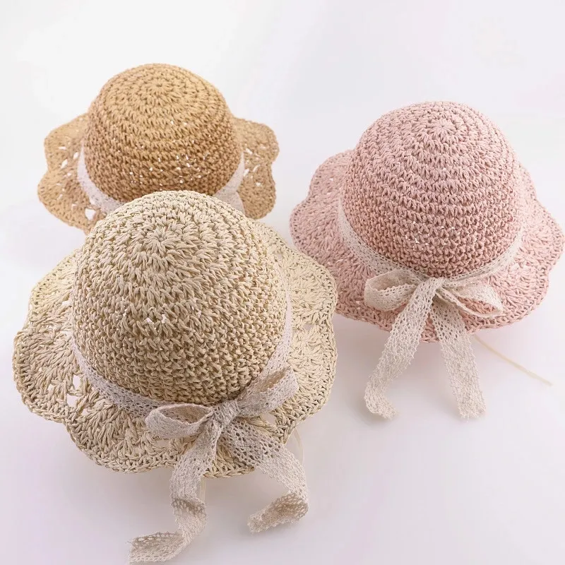 Bambini di estate Cappelli di Paglia Del Bambino delle Ragazze di Pizzo Traspirante Protezione Della Spiaggia di Prua Capretti Del Cappello Tesa Larga Della Principessa Dei Capretti Da Viaggio Parasole cappello