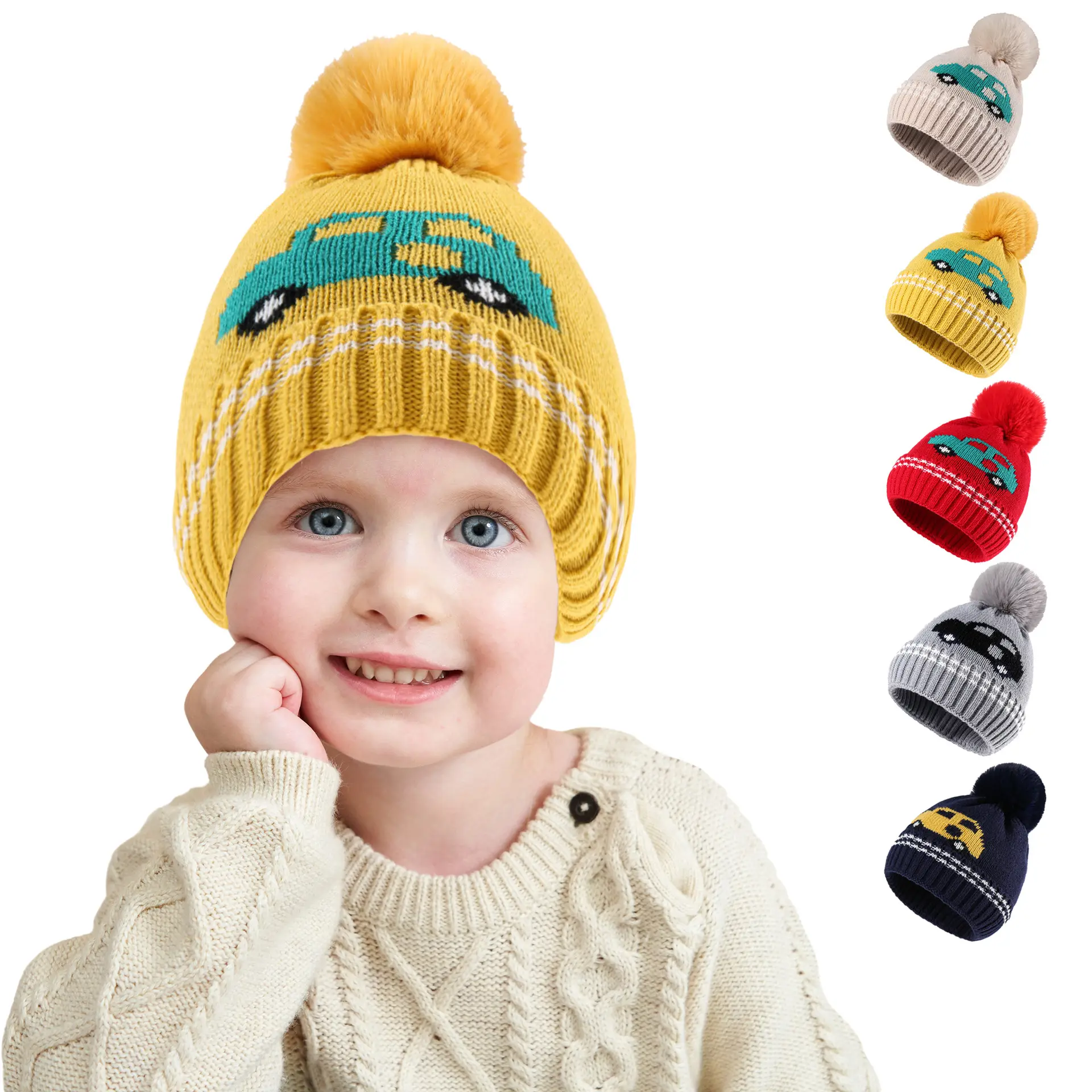 Bonnet tricoté chaud d'hiver pour enfants Bonnet jacquard couleurs bonbons avec pompon Chapeaux tricotés mignons