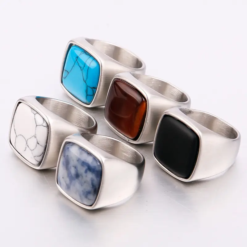 Venda quente Aço Inoxidável Pedra Natural Anéis Gemstone Ágata Pedra Anéis para Homens