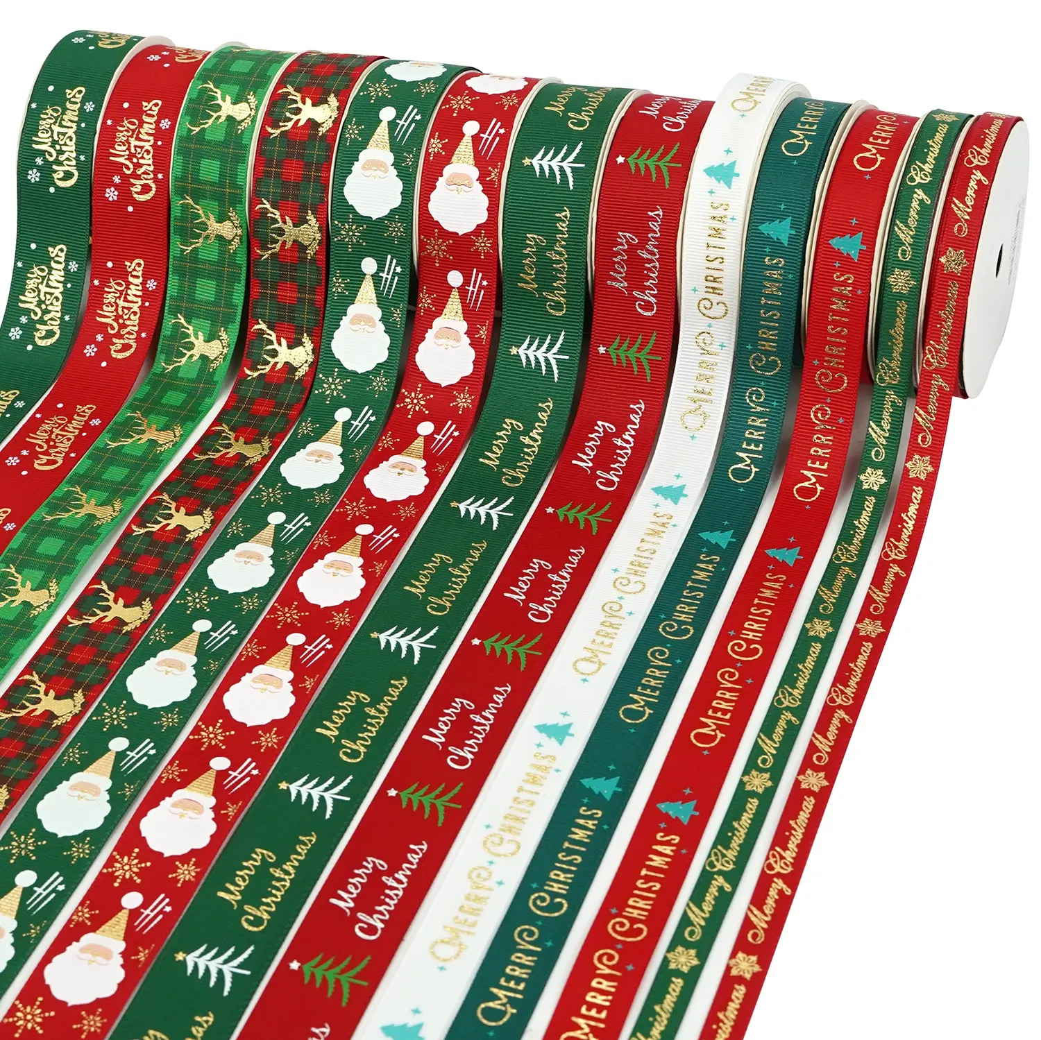 Nastri Midi in lamina d'oro Merry Christmas Deer babbo natale stampato rotolo di nastro natalizio in Grosgrain da 25mm per confezioni regalo